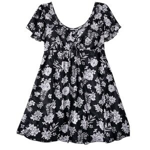 ECUPPER Black White Floral Mini Dress Size L Tie Front Ruffle Sleeve Flowy Boho